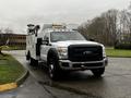 A 2015 Ford F-550 work truck with a white service body and tool compartments attached to the side