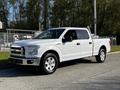 A white 2017 Ford F-150 with a silver truck bed and chrome grille parked on a pavement with visible wheels and side mirrors