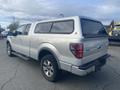 A silver 2014 Ford F-150 pickup truck with a canopy and chrome wheels viewed from the rear quarter angle