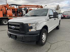 A 2017 Ford F-150 with a white exterior and black grille parked in a lot featuring an extended cab and large tires