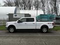 A white 2017 Ford F-150 pickup truck with chrome wheels and a quad cab design is parked on the side of the road