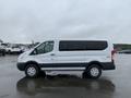 A 2017 Ford Transit van in white with black trim parked on a wet surface showcasing its side profile and large windows