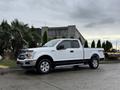 A 2018 Ford F-150 in white with a black stripe parked on a street showcasing its side profile and wheels