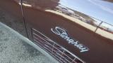 Close-up of a 1971 Chevrolet Corvette Stingray badge on the side of the car featuring a sleek design and glossy finish