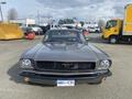 A 1966 Ford Mustang in gray with a black front grille and iconic horse emblem, showcasing classic lines and style