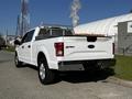A white 2017 Ford F-150 pickup truck with a ladder rack in the bed and chrome accents at the rear