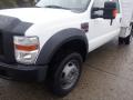 2009 Ford F-450 SD with a white body featuring a flatbed and large tires showcasing the front grille and headlights