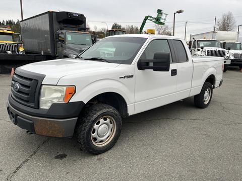 A white 2010 Ford F-150 pickup truck with a black grille and large tires parked in a lot