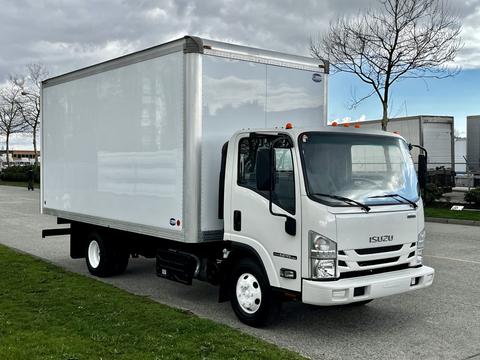 A white 2022 Isuzu NPR box truck with a large cargo area and a cab featuring five star-shaped markers on the roof