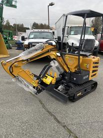 A 2024 AGT Industrial MX12R compact excavator with a yellow and black design showcasing its arm, bucket, and controls