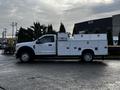 A white 2017 Ford F-550 truck with a utility bed featuring multiple compartments and storage boxes on both sides