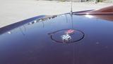 A chrome emblem featuring a crossed flag design atop the dark brown hood of a 1971 Chevrolet Corvette Stingray