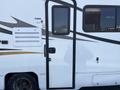 A side view of a white 2012 Ford Econoline with a black door and decorative gold and black stripes