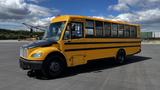 A 2014 Freightliner Thomas diesel school bus with a yellow exterior and black stripes parked on a flat surface