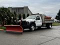 A 2009 Ford F-550 with a snow plow attached to the front parked on a street