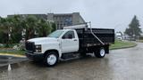 A white 2021 International CV515 dump truck with a black dump bed parked on a wet surface surrounded by greenery