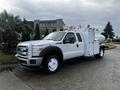 A 2016 Ford F-550 truck with a white exterior and a utility bed equipped with a tank and various tool compartments.