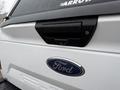 Close-up of the rear tailgate handle and emblem of a 2018 Ford F-150 with water droplets on its surface