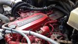 A red Cummins engine with visible hoses and wiring situated in the engine compartment of a truck