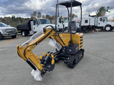 A 2024 AGT Mini Excavator with a yellow and black body features a bucket attachment and tracks for mobility