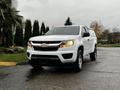 A 2019 Chevrolet Colorado in white with a black grille and hood. The truck has a cap on the bed and is positioned at an angle, highlighting its front and side profile