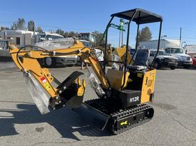 A yellow 2024 AGT H12R compact excavator with tracks a front bucket and an attached digging arm is prominently displayed