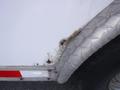 A close-up view of a 2010 Forest River Enclosed trailer showing rust and corrosion on the metal exterior and diamond plate trim near the wheel area