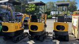 Three yellow 2021 Cael-1T Mini excavators with rubber tracks and canopies are lined up, showcasing their compact design and industrial styling