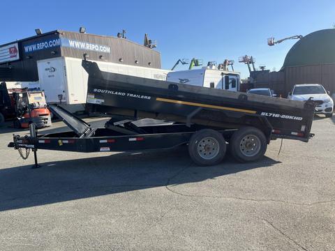 2024 Southland 18 foot dump trailer with a black exterior and a hydraulic lift mechanism for unloading materials