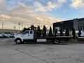 A white 2006 Ford F-650 flatbed truck parked with a wooden bed and a row of greenery in the truck bed