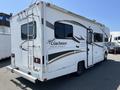 2012 Ford Econoline recreational vehicle with a white exterior featuring black and gold stripes and a ladder on the back