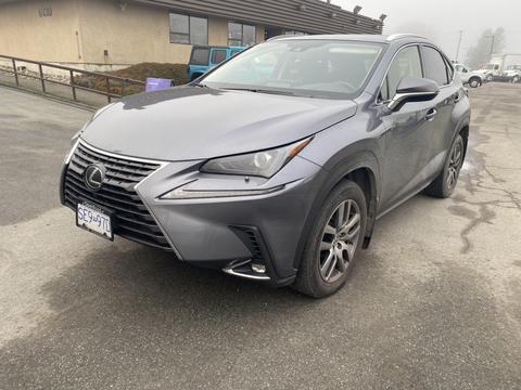 A gray 2021 Lexus NX 300 with a distinctive front grille and sporty design parked in a lot