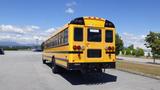 A yellow 2014 International 3000 school bus parked with its back view visible