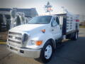 A 2007 Ford F-650 truck with a white body and black flatbed equipped with a service module on the back and an orange hazard light on the roof