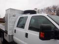 A white 2009 Ford F-450 SD truck with a flatbed and a storage box on the back featuring a spare tire mounted on top